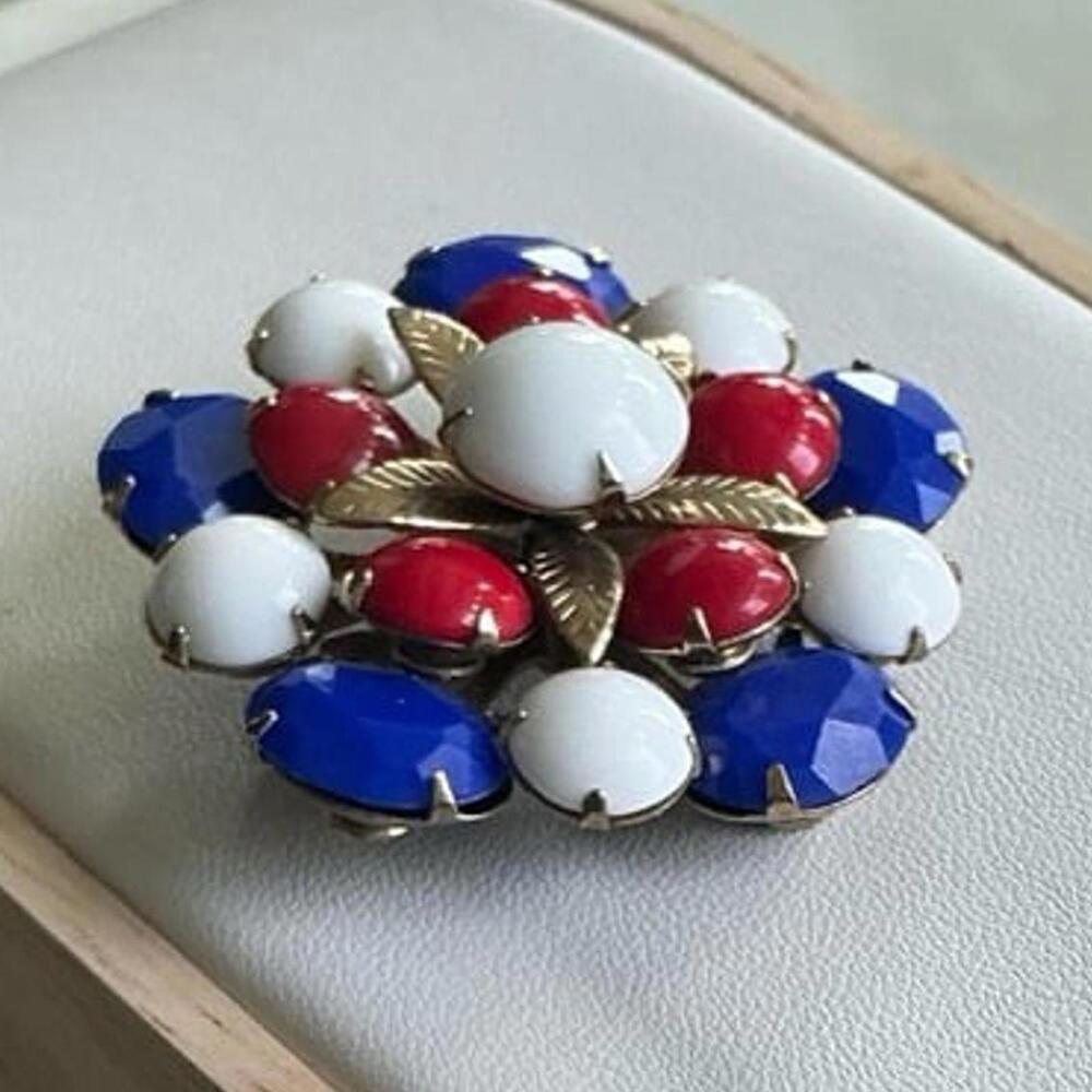 Vintage Patriotic Red, White & Blue Milk Glass Rhinestone Layered Brooch